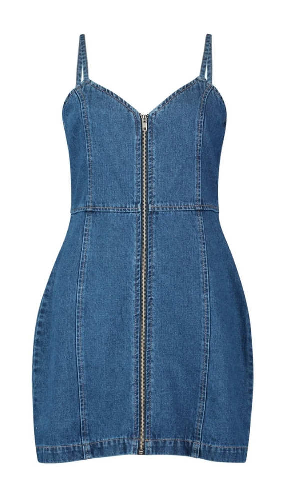 Boohoo Zip Front Strappy Denim Dress
